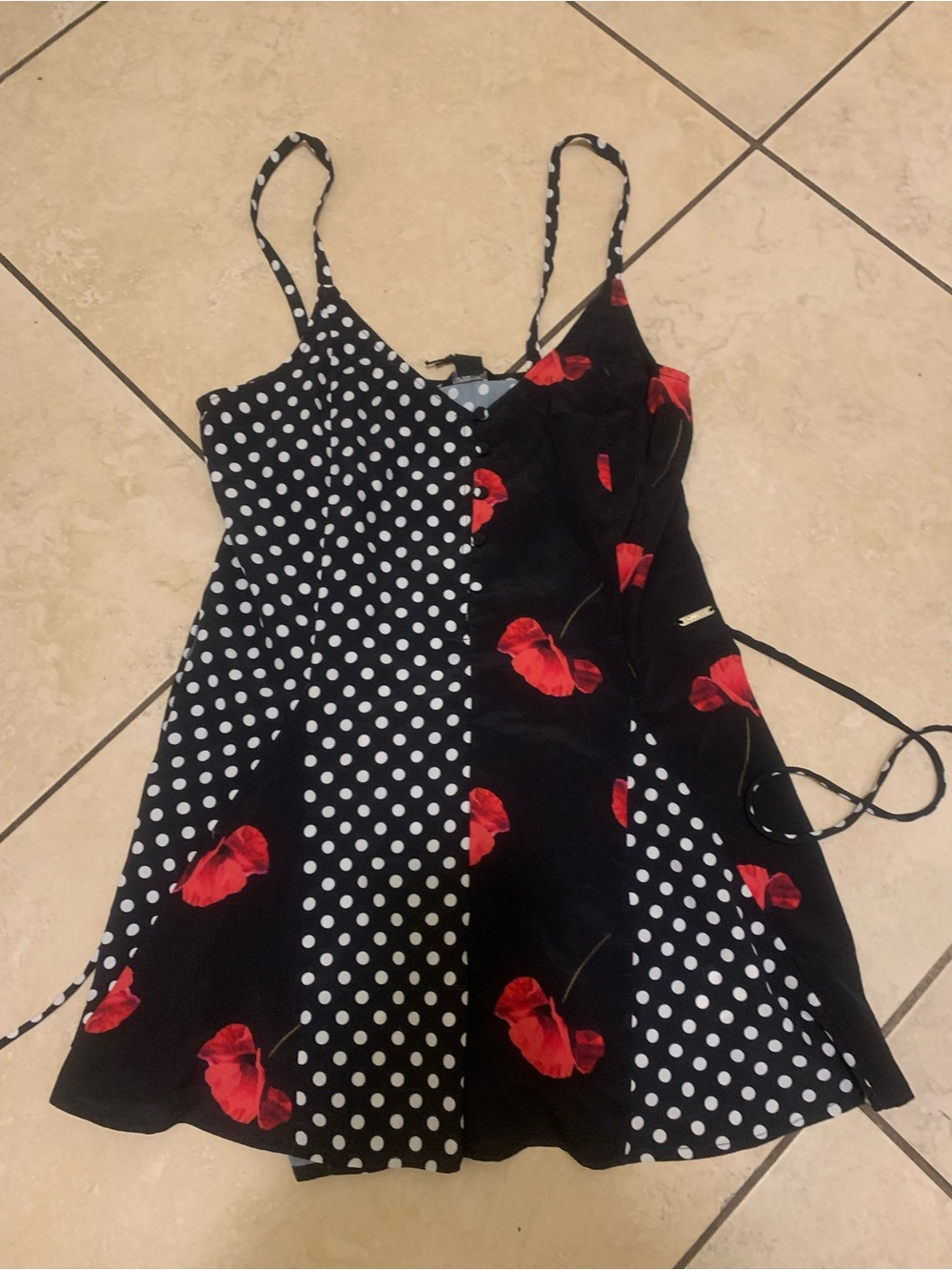 Guess Black Polka Dot & Red Floral Spaghetti Strap Romper